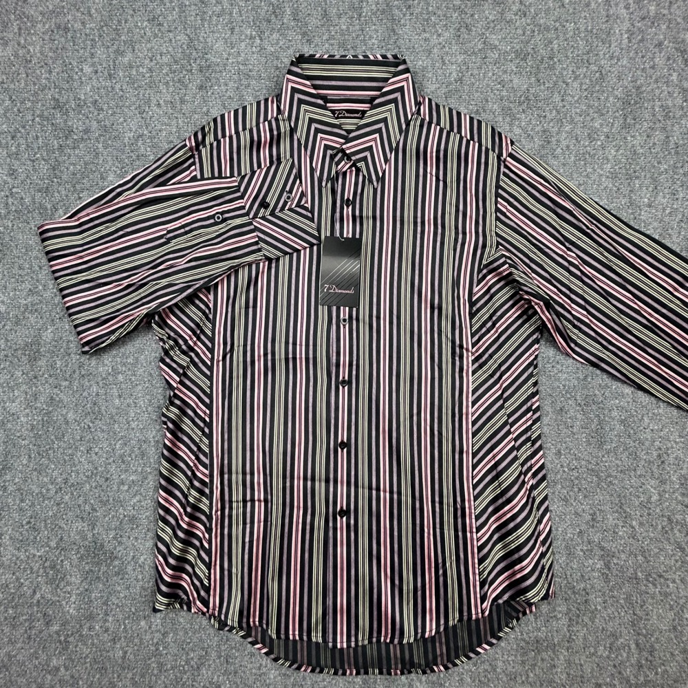 7 Diamonds Button Up Shirt Mens XL Black Pink Gold Striped Cotton Long Sleeve